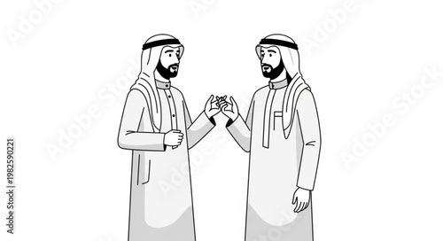 Two Arab men in traditional attire greeting each other with respect.