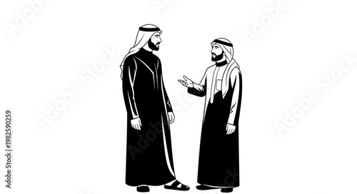 Two Arab men in traditional attire having a conversation.