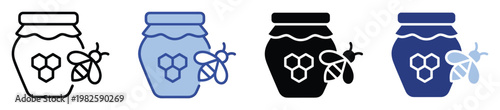 Versatile honey jar icon set featuring a bee and hexagonal honeycomb graphic, perfect for organic food branding, healthy product marketing, and digital interface design.