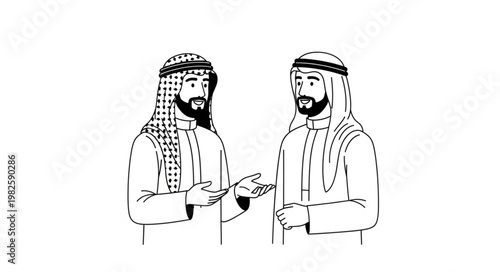 Two Arab men in traditional attire having a conversation.