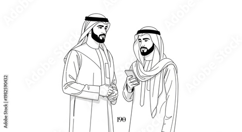Two Arab men in traditional attire conversing in a friendly manner.