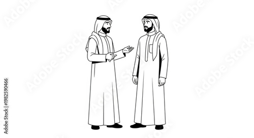 Two Arab men in traditional attire discussing documents, business meeting.