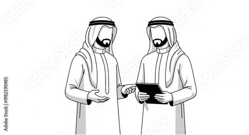 Two Arab men in traditional attire discussing business matters.