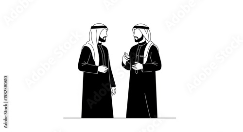 Two Arab men in traditional attire discussing important matters.