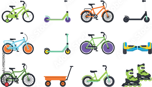 Colorful Kids Transportation Set, Bicycles, Scooters, Roller Skates, and Wagon Illustrations for Outdoor Play and Fun Activities