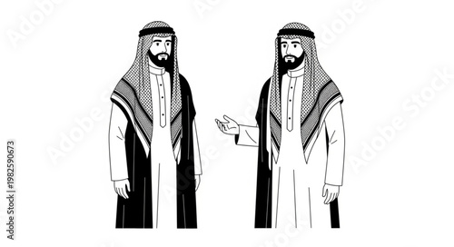 Two Arab men in traditional attire, discussing something important, monochrome.