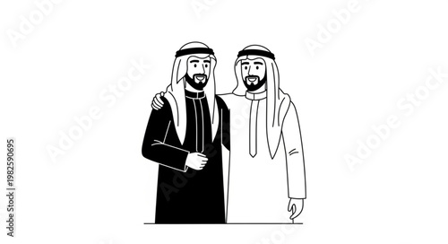 Two Arab men in traditional attire, embracing each other, friendship concept.