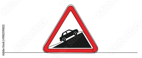 Continuous line drawing of a road warning sign indicating a steep uphill slope with a car driving up, useful for transportation safety education and driving instruction materials