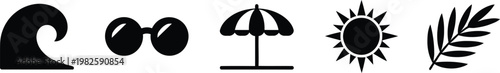 Tropical beach elements set featuring stylized wave round sunglasses sunshade sun icon and fern leaf.