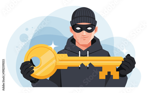 Masked thief in a black balaclava and hoodie holding a large shining golden key, symbolizing unauthorized access and security breaches for cybersecurity concepts and digital crime topics.