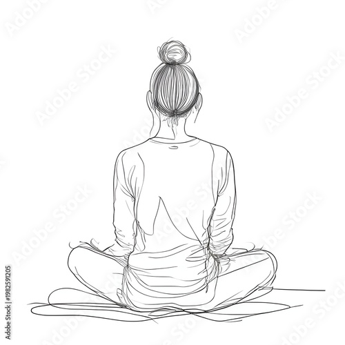 minimalist black-and-white line drawing of a person sitting cross-legged from the back, in a calm meditation pose.