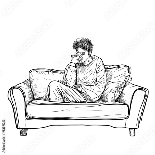 minimalist black-and-white line drawing of a person sitting alone on a couch, leaning slightly forward with one hand near the face, as if lost in thought.
