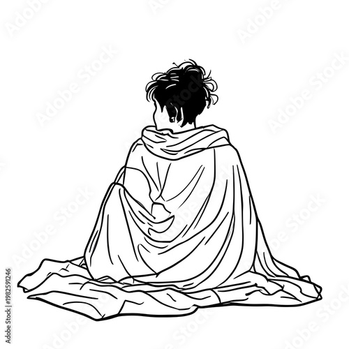 minimalist black-and-white line drawing of a person seen from behind, sitting on the ground with knees drawn up slightly and wrapped in a loose hoodie or blanket-like garmen