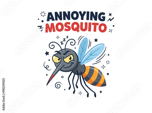 Cartoon illustration of an annoying mosquito with a grumpy expression, ready to buzz into your space, highlighting its irritating presence