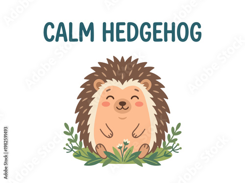 A delightful illustration of a serene hedgehog nestled amongst lush green foliage, exuding a sense of peacefulness and tranquility