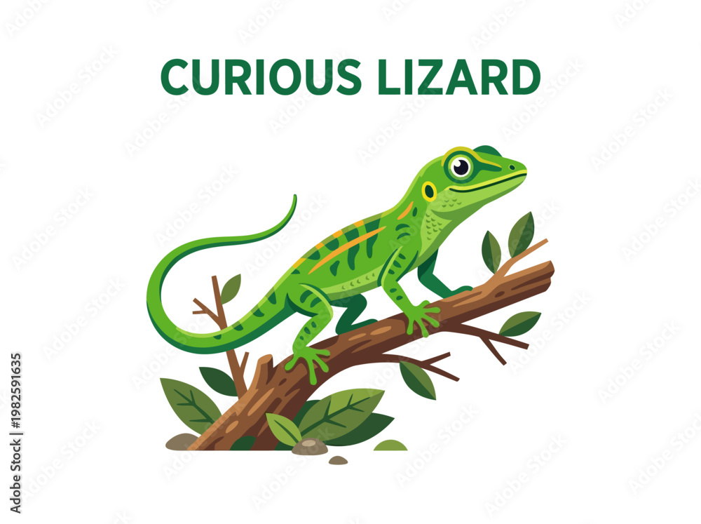 Fototapeta premium Green lizard perched on a branch, observing with a curious gaze, illustration