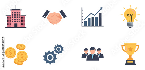 Essential business and financial icons depicting corporate structures, professional agreements, economic growth, innovative ideas, monetary assets, operational processes, dedicated teams,