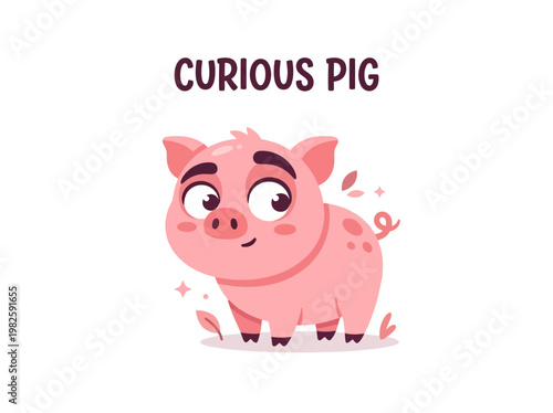 A charming cartoon illustration of a curious pink pig with big expressive eyes, standing in a whimsical natural setting with subtle floral accents