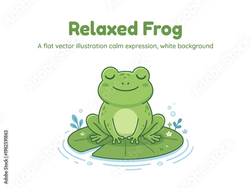 A serene illustration of a content frog sitting peacefully on a lily pad, radiating a sense of calm and tranquility against a clean white backdrop