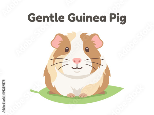 Cute illustration of a gentle guinea pig resting on a green leaf, showcasing its soft fur and friendly demeanor