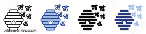 Versatile graphic icons of beehives and flying bees in a diverse set of styles, featuring outline and solid filled shapes with distinct color palettes, excellent for nature, environmental,