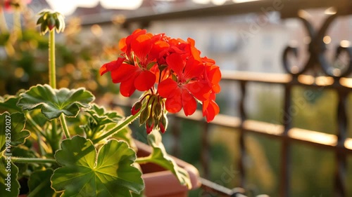 Red geranium flower on balcony during sunset 4K Video