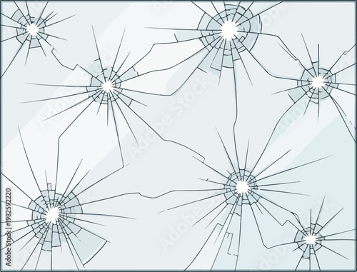 Abstract glass window with multiple bullet holes and radiating cracks on a light background