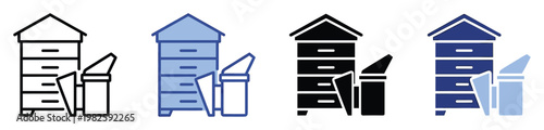 Beekeeping equipment icon set featuring a modern beehive and bee smoker ideal for agricultural websites and educational materials