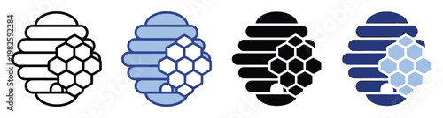 Collection of beehive and honeycomb icons representing honey production, nature, and organic food industry suitable for web graphics, branding, and ecological projects.