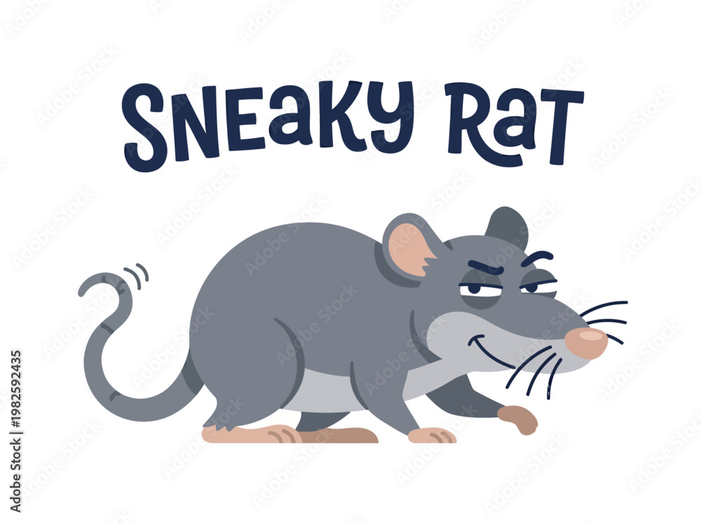 Obraz premium A charming illustration of a sly-looking cartoon rat with the words SNEAKY RAT written above it in playful lettering, perfect for whimsical designs and playful themes