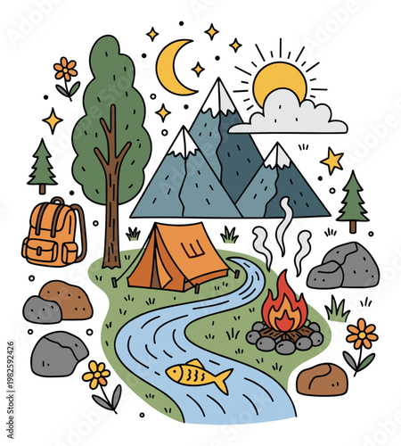 Whimsical outdoor adventure scene featuring mountains river campfire tent and backpack under sun and moon ideal for nature exploration and travel promotion