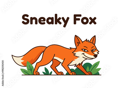 Clever orange fox walking stealthily through green grass with a sly expression, cartoon illustration