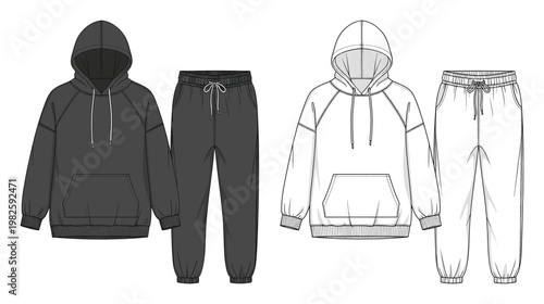 Flat technical sketch of an oversized hoodie and jogger sweatpants set, perfect for apparel design, fashion illustration, or product development templates