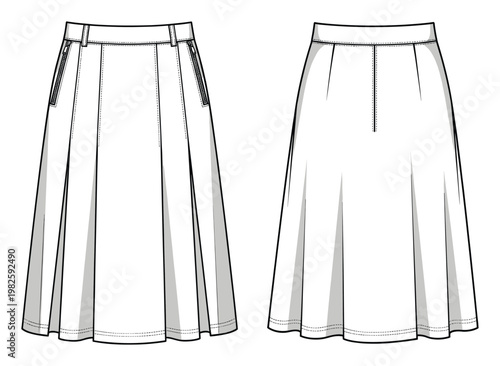 Technical drawing of a kneelength pleated skirt with front zip pockets and waistband, ideal for fashion design, clothing manufacturing, and apparel illustration projects.