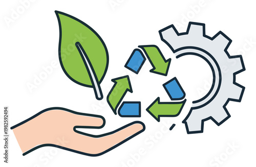 A human hand gently holds a vibrant green leaf, symbolizing environmental protection and sustainable industrial practices through recycling processes, ideal for ecofriendly business
