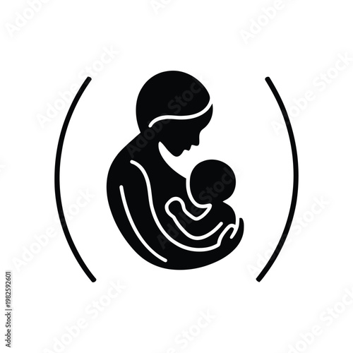 Mother breastfeeding baby silhouette, stylized symbol of nurturing and parental care on white background