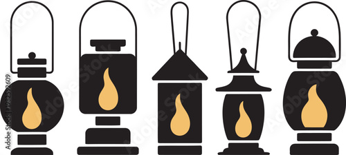 Set of vector lamp icons featuring candle flame torch lighting symbols in a simple yellow burning celebration decoration design style