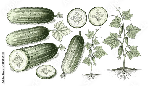 Detailed botanical study of cucumbers including whole fruits, crosssections, and a growing plant with roots for use in food industry branding and nutritional content guides
