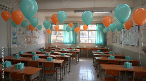 Classroom celebration with balloons and gifts for students party and special occasion event decor ideas