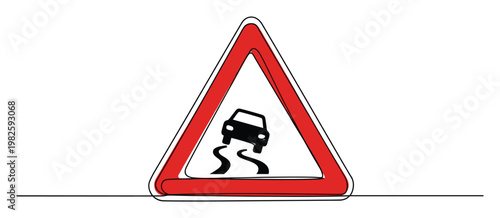 Vigilant road safety sign indicating slippery conditions with a skidding car, perfect for driver education materials, traffic warnings, and hazard awareness campaigns to promote careful
