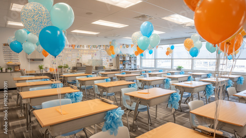 Decorated classroom back to school welcome balloons desks school supplies education learning teaching