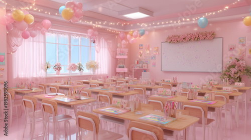 Pink classroom aesthetic background for education learning space with desks and balloons decor ideas