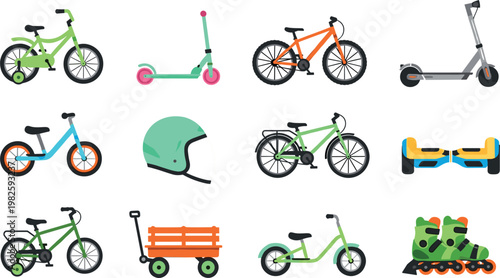 Colorful Kids Transportation Set, Bicycles, Scooters, Roller Skates, Helmets, and Wagons for Outdoor Play, Activity, and Sports Design