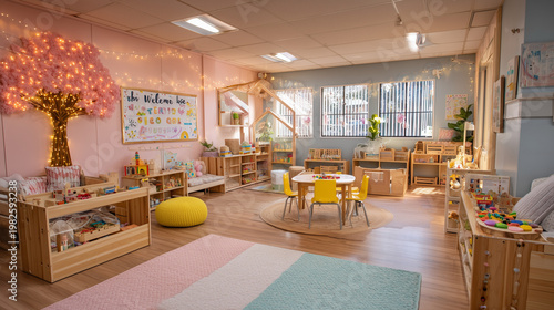 Bright and cheerful preschool classroom interior design with learning and play areas for children