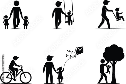 Happy Father's Day Vector Icons Set with Dad Holding Baby and Walking Kids