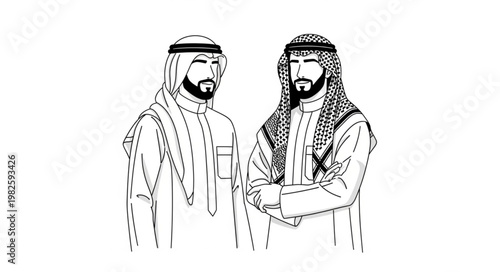 Two Arab men in traditional attire, standing side by side, black and white illustration.