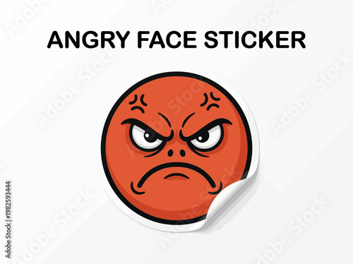 Cute cartoon angry face sticker with an expressive, emotive, and grumpy facial expression on a white background with a subtle shadow and a peel-off effect