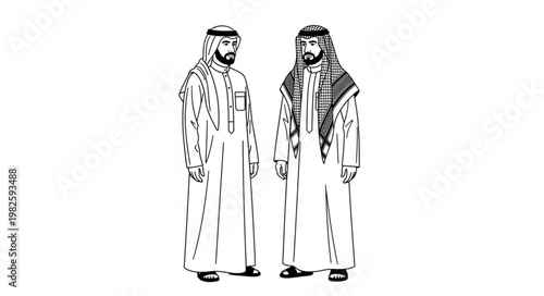 Two Arab men in traditional attire, standing side by side, drawing.