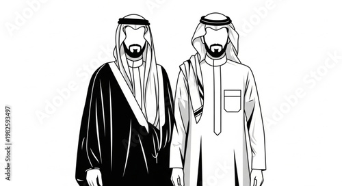 Two Arab men in traditional attire, standing side by side, black and white illustration.