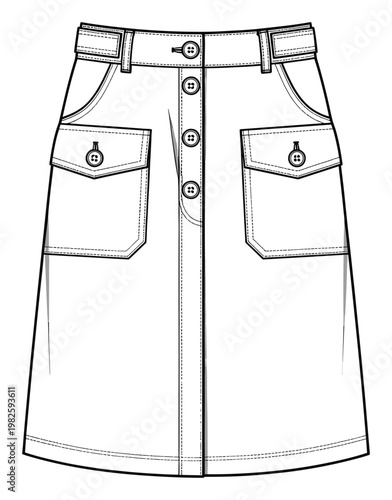 Fashion flat sketch of a womens Aline skirt with button front closure and cargo style flap pockets for apparel design templates and product development documentation